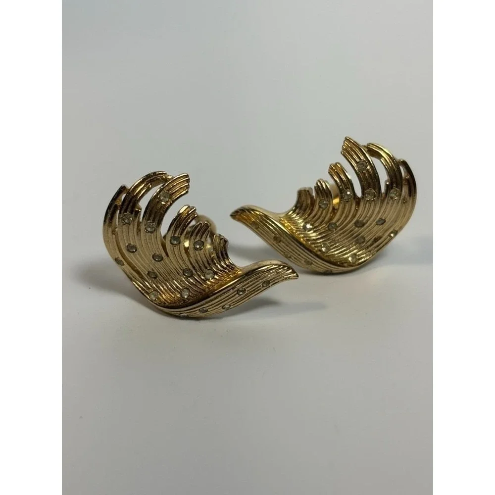 Earrings Statement‎ Pieces Vintage Elegant Gold Tone Rhinestone Feather